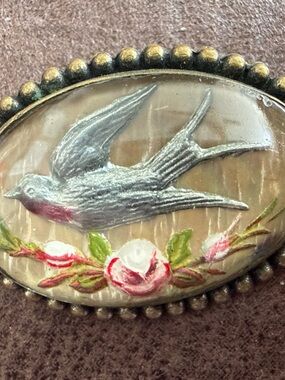 Antique 1900s Victorian Mourning Swallow Reverse Painted Bubble Glass Pin Brooch
